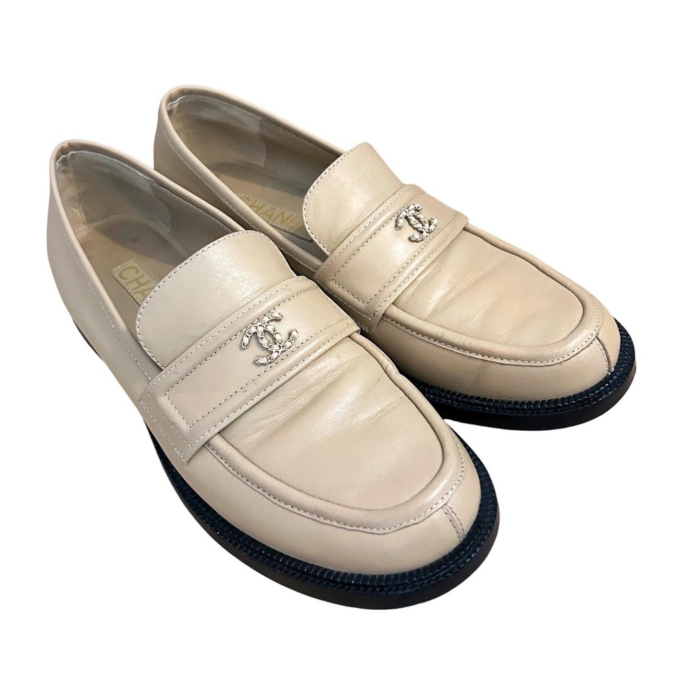 Chanel Beige Tan Lambskin Leather CC Logo Penny Loafers G37435 Size 40C